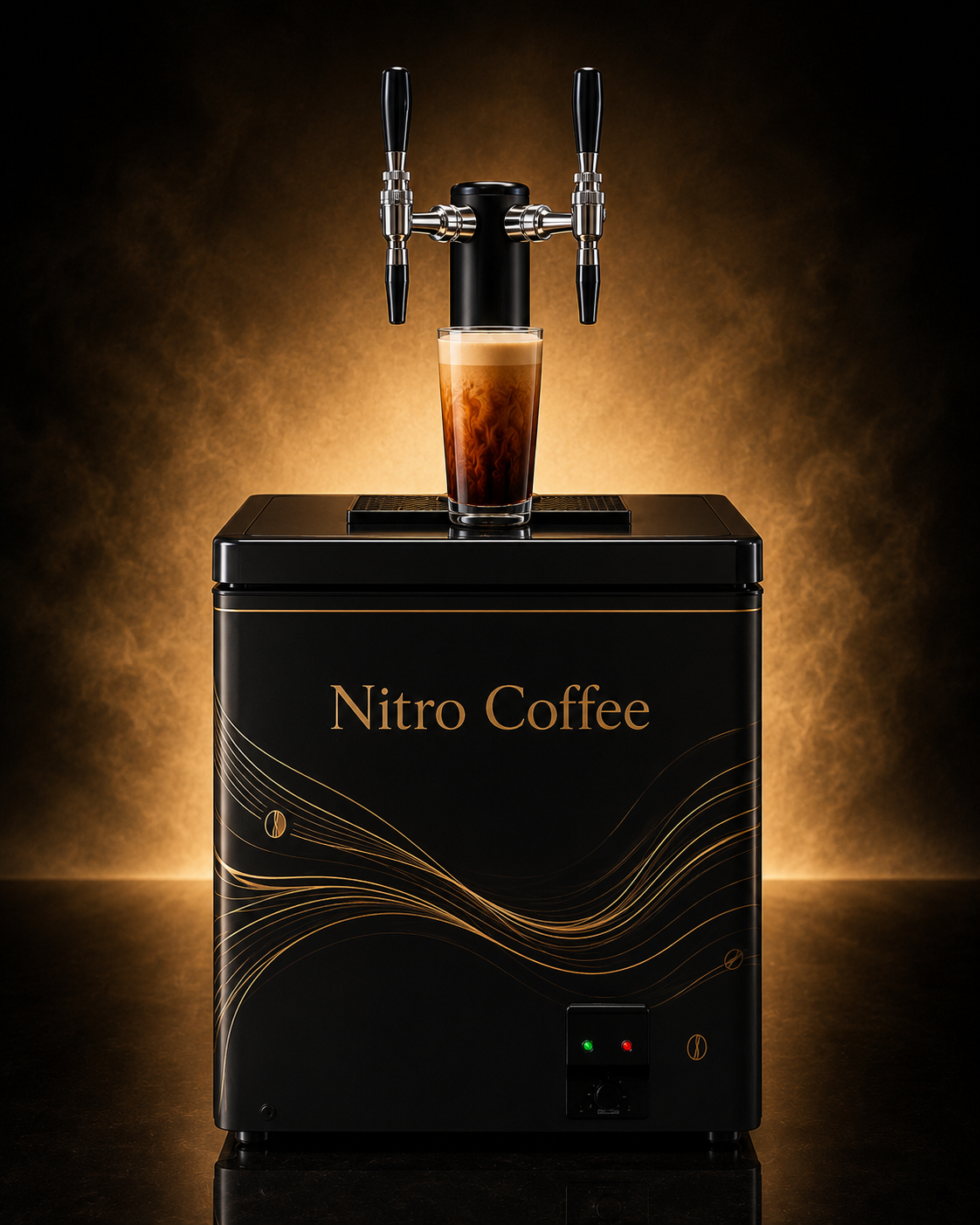 Orenda two-tap kegerator serving a glass of cold brew coffee